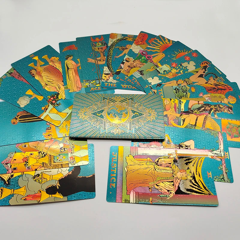 New Gold Tarot Cards Beautiful Waterproof Deck Mystery Board Game Colorful Divination Oracle With Gift Box 3