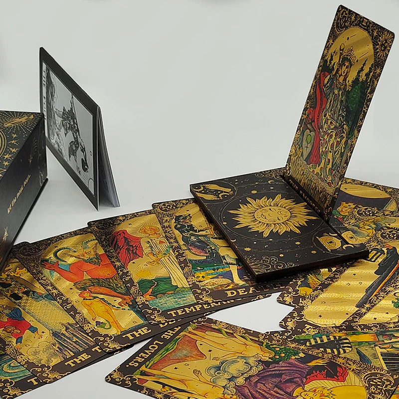 Luxe Finish Divinative Gold Foil Tarot Cards Fantastic Board Game Set For Predictive With Wooden Card Stand 4