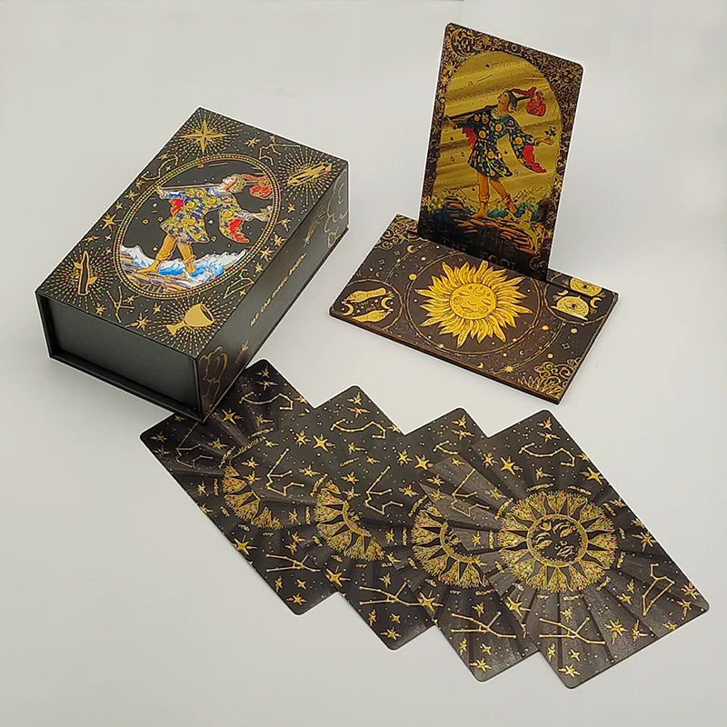 Luxe Finish Divinative Gold Foil Tarot Cards Fantastic Board Game Set For Predictive With Wooden Card Stand 3