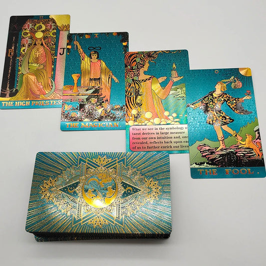 New Gold Tarot Cards Beautiful Waterproof Deck Mystery Board Game Colorful Divination Oracle With Gift Box 2